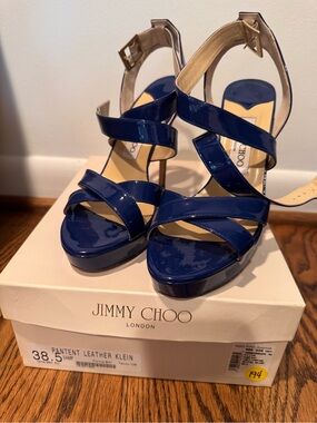 Jimmy Choo Royal Blue Patent Leather Crisscross Platform Sandals